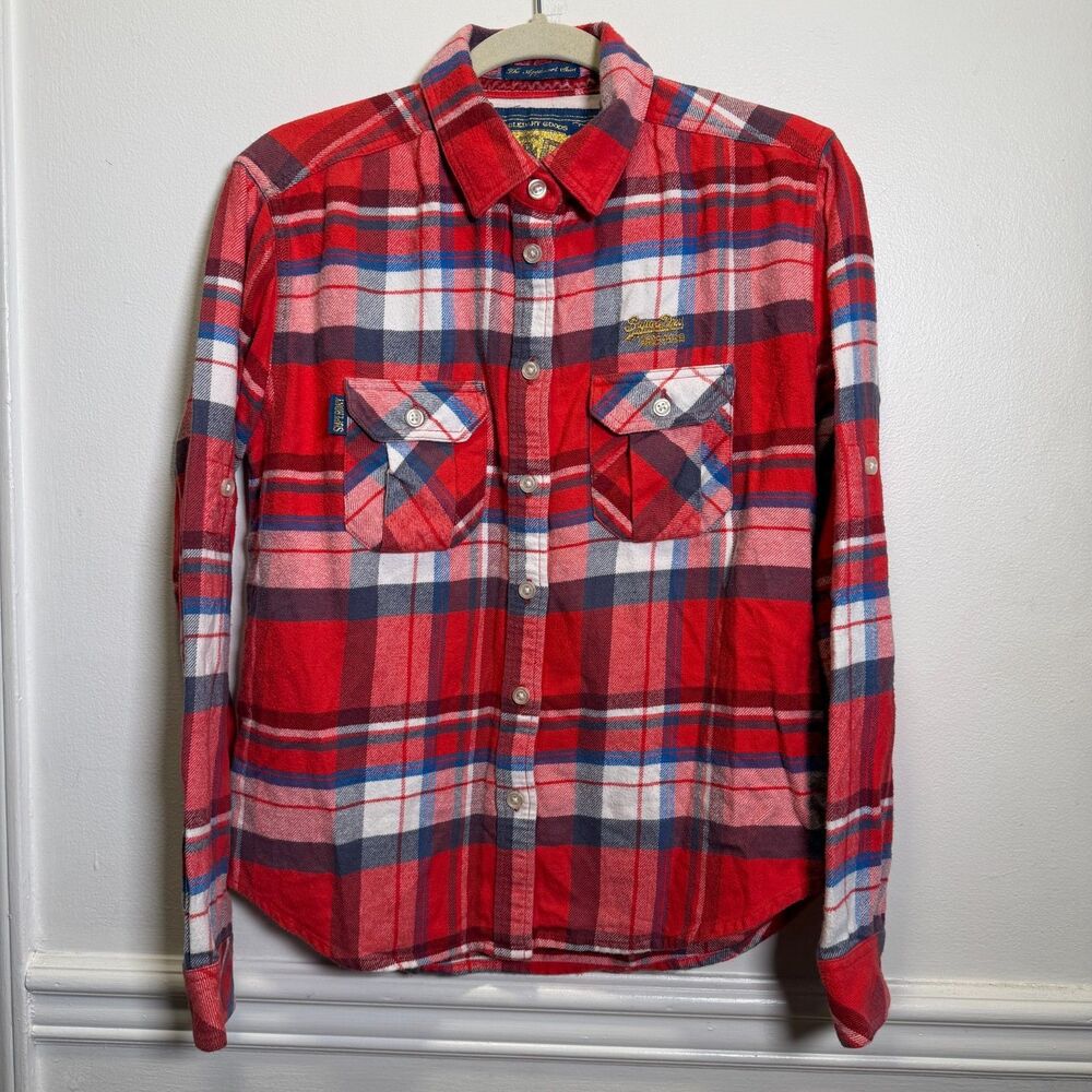 Superdry Womens Medium Red Plaid Flannel Shirt 100% Cotton Button Up Pockets
